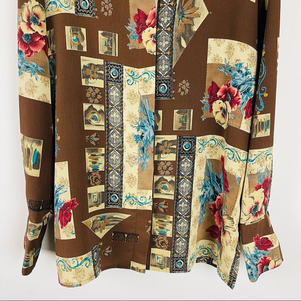 Vintage brown cream red floral roses 80s 90s button front shirt top large - Picture 3 of 9